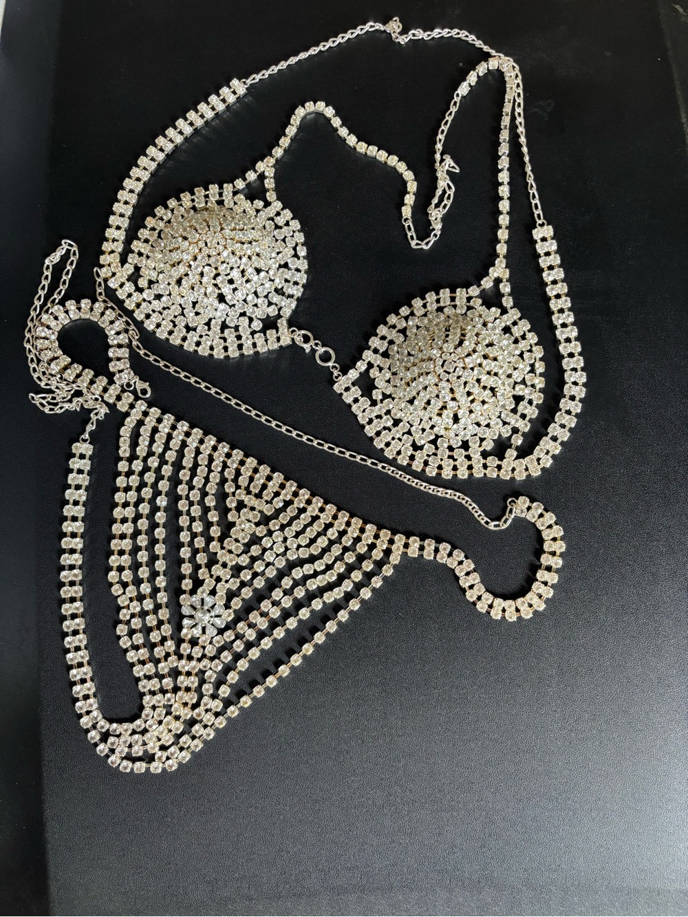 Make offer! Crystal Rhinestone Bikini Bra Thong Body Chain Silver one size set